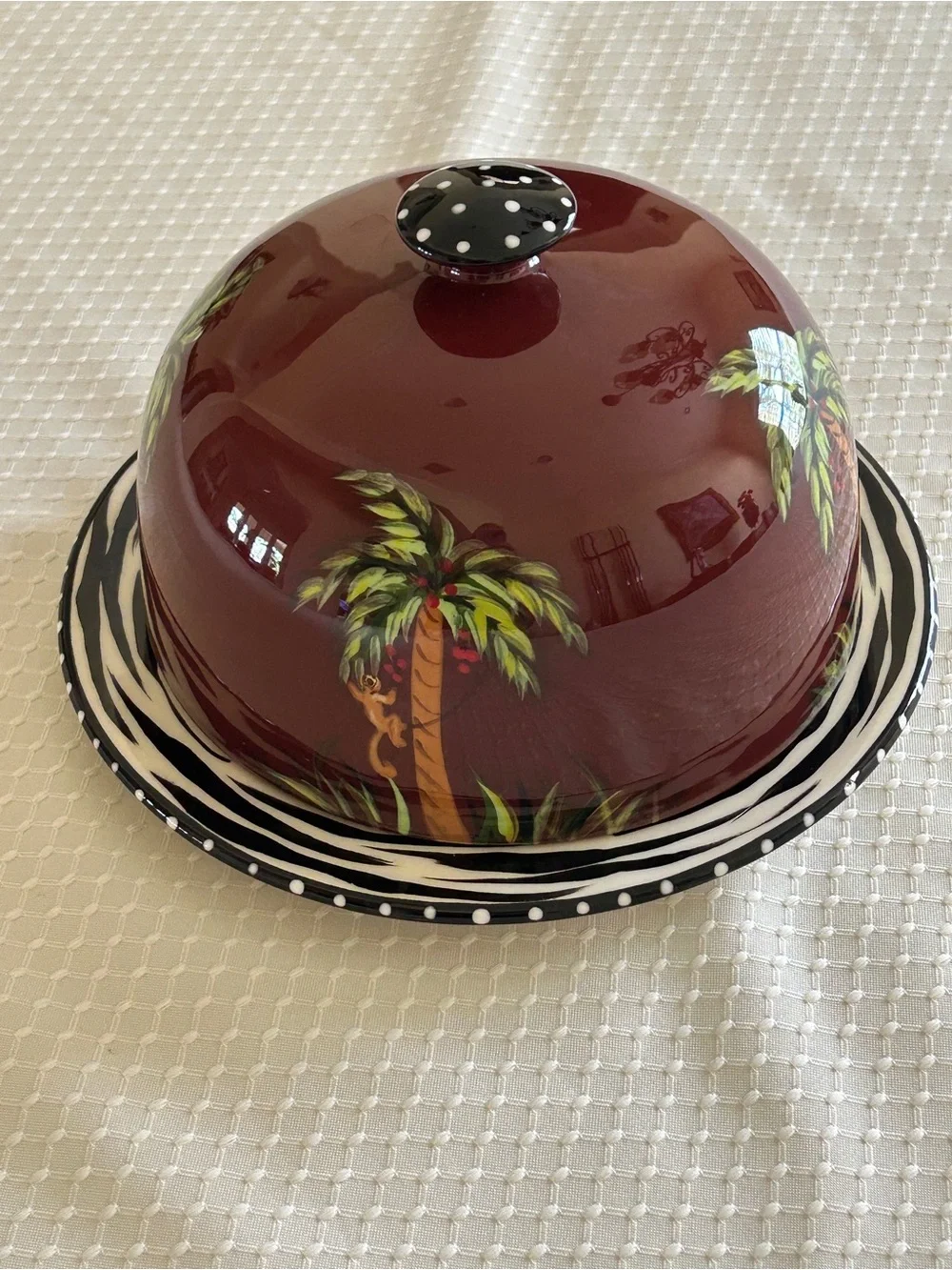 Hand-Painted Brown Ceramic Cheese Dome with Tropical Palm Motif with Monkey